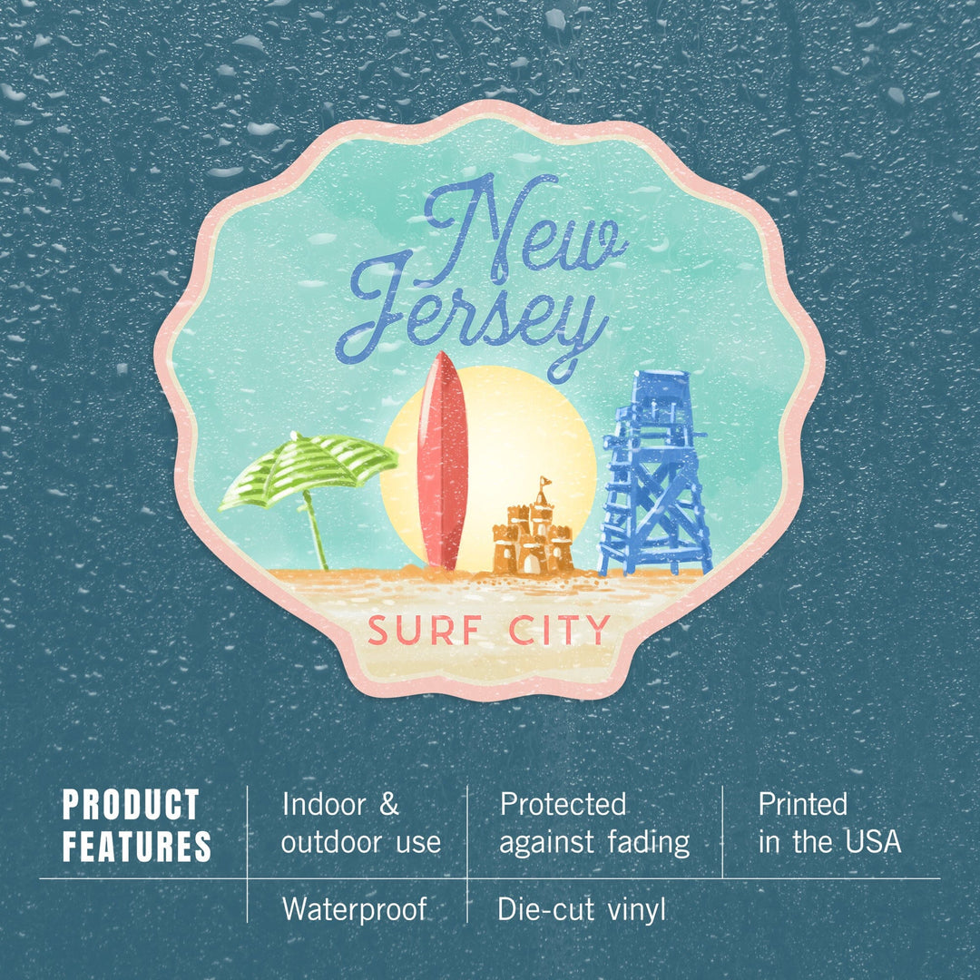 New Jersey, Surf City, Contour, Vinyl Sticker Sticker Lantern Press 