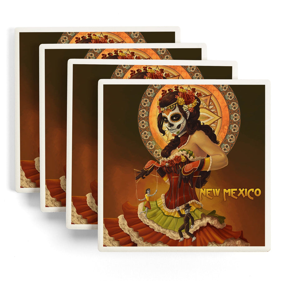 New Mexico, Day of the Dead Marionettes, Lantern Press Artwork, Coaster Set Coasters Lantern Press 