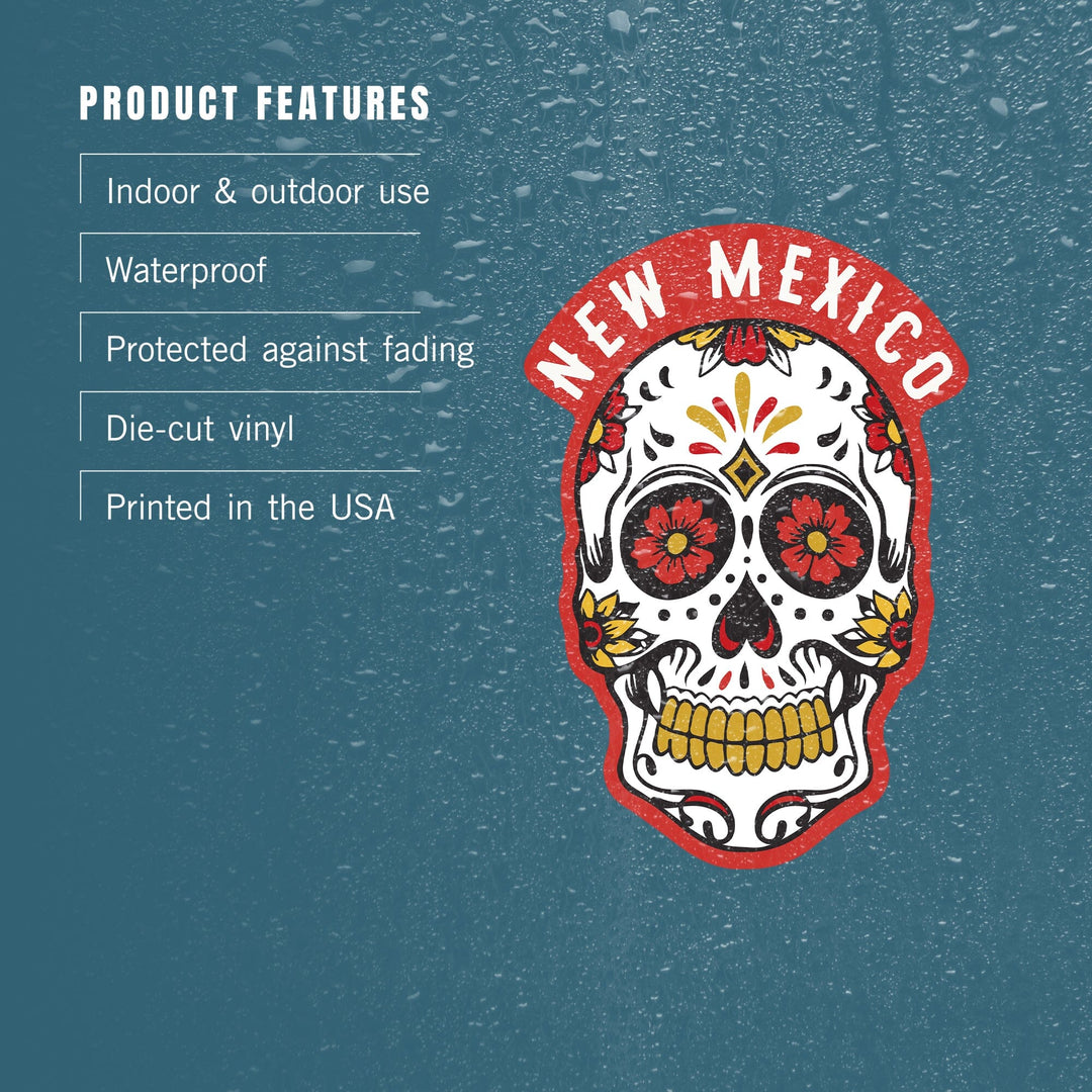 New Mexico, Day of the Dead, Sugar Skull & Flower Pattern, Contour, Lantern Press Artwork, Vinyl Sticker Sticker Lantern Press 