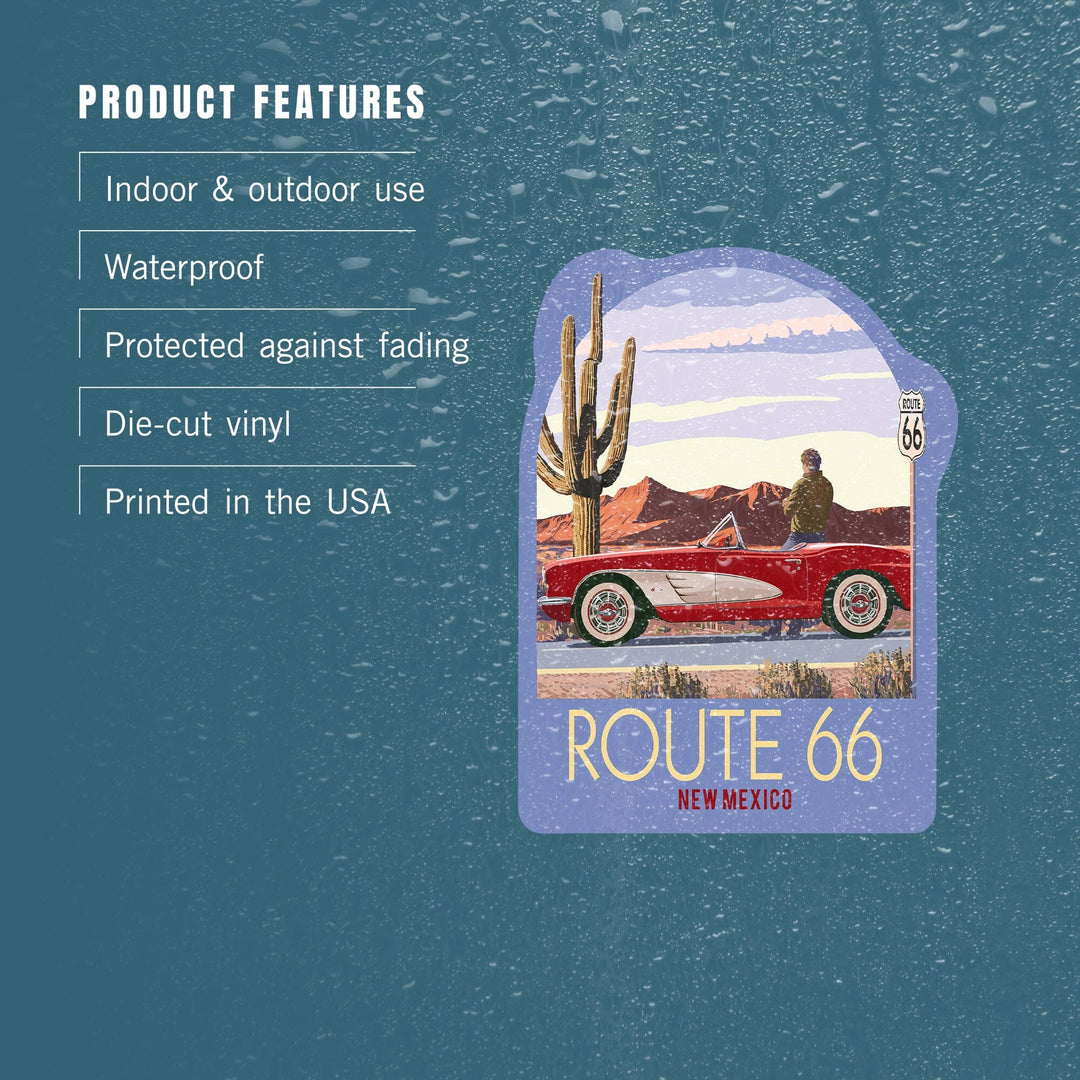 New Mexico, Route 66, Classic Car with Red Rocks, Contour, Vinyl Sticker Sticker Lantern Press 