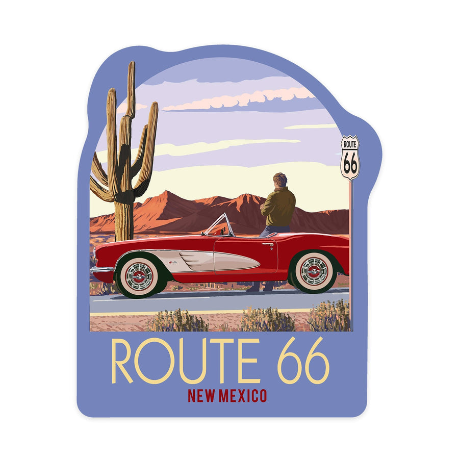 New Mexico, Route 66, Classic Car with Red Rocks, Contour, Vinyl Sticker Sticker Lantern Press 