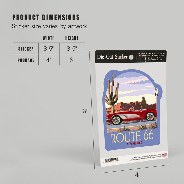 New Mexico, Route 66, Classic Car with Red Rocks, Contour, Vinyl Sticker Sticker Lantern Press 