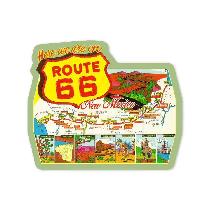 New Mexico, Route 66 Map, Contour, Vinyl Sticker Sticker Lantern Press 