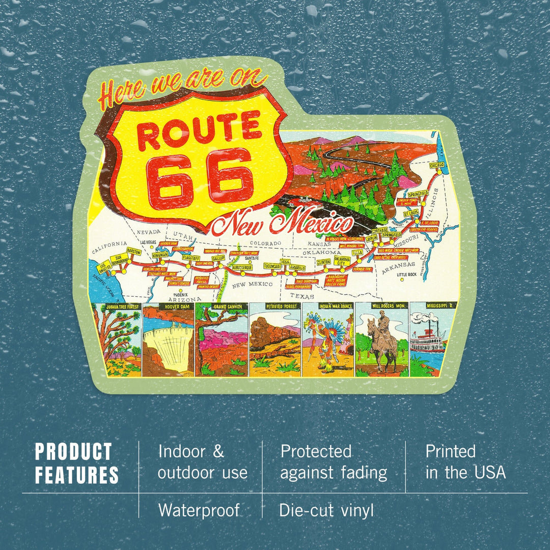 New Mexico, Route 66 Map, Contour, Vinyl Sticker Sticker Lantern Press 