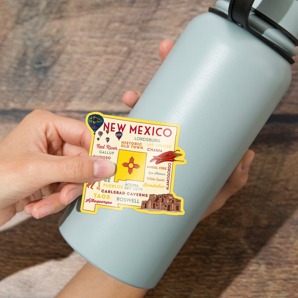 New Mexico, Typography and Icons, Contour, Vinyl Sticker Sticker Lantern Press 