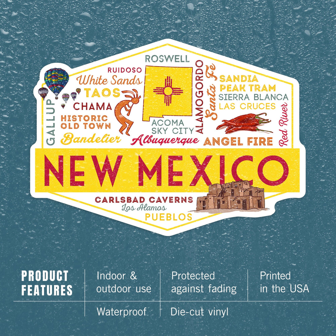 New Mexico, Typography & Icons, Contour, Lantern Press Artwork, Vinyl Sticker Sticker Lantern Press 