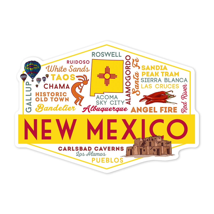 New Mexico, Typography & Icons, Contour, Lantern Press Artwork, Vinyl Sticker Sticker Lantern Press 