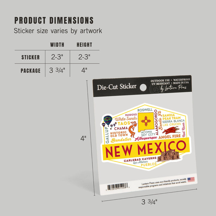 New Mexico, Typography & Icons, Contour, Lantern Press Artwork, Vinyl Sticker Sticker Lantern Press 