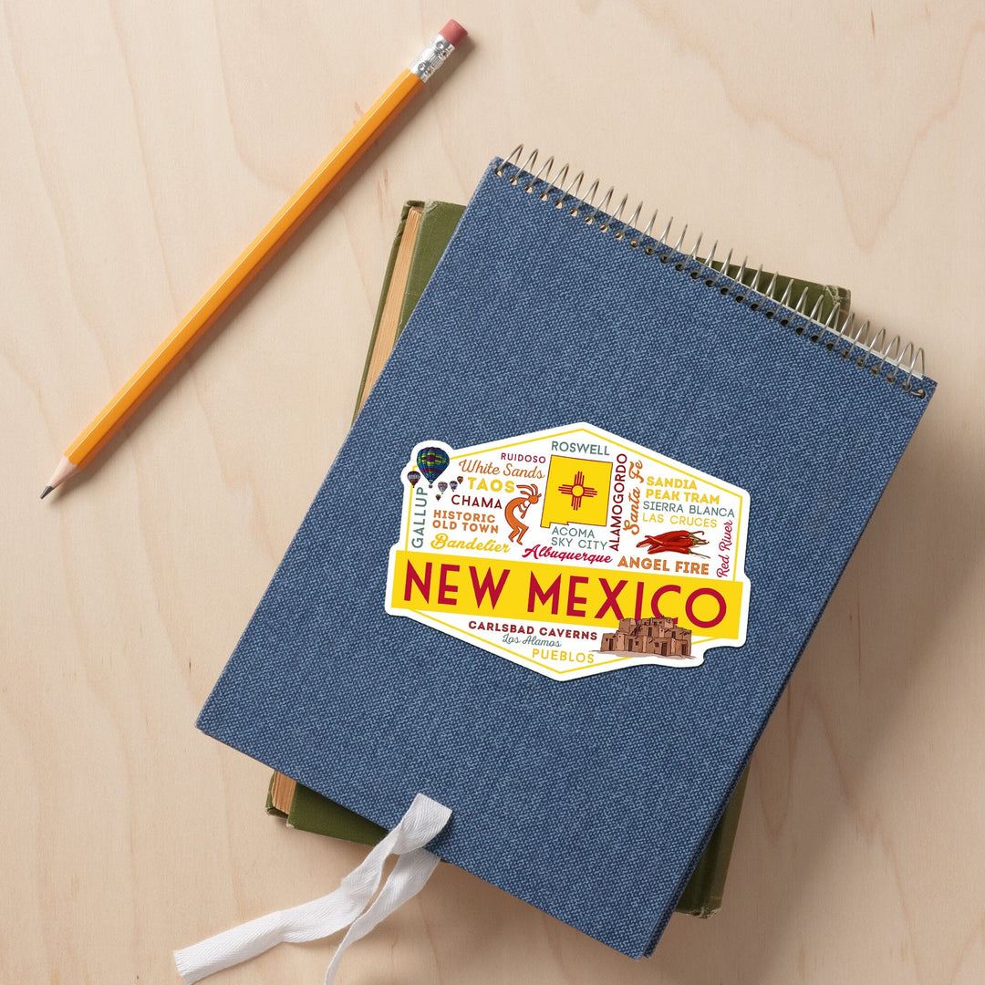 New Mexico, Typography & Icons, Contour, Lantern Press Artwork, Vinyl Sticker Sticker Lantern Press 