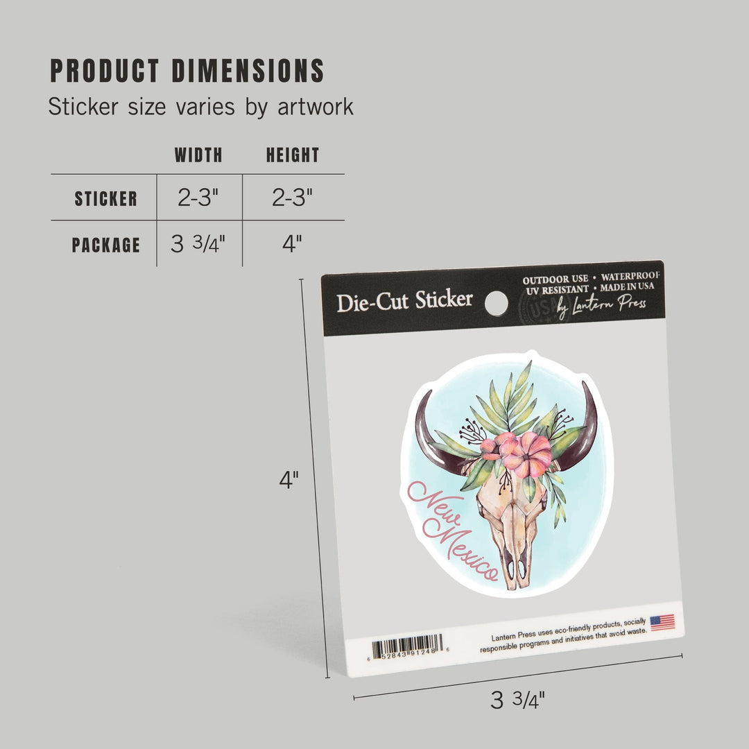 New Mexico, Watercolor, Cow Skull and Flower Crown, Contour, Vinyl Sticker Sticker Lantern Press 