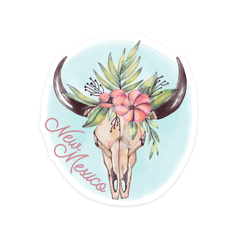 New Mexico, Watercolor, Cow Skull and Flower Crown, Contour, Vinyl Sticker Sticker Lantern Press 