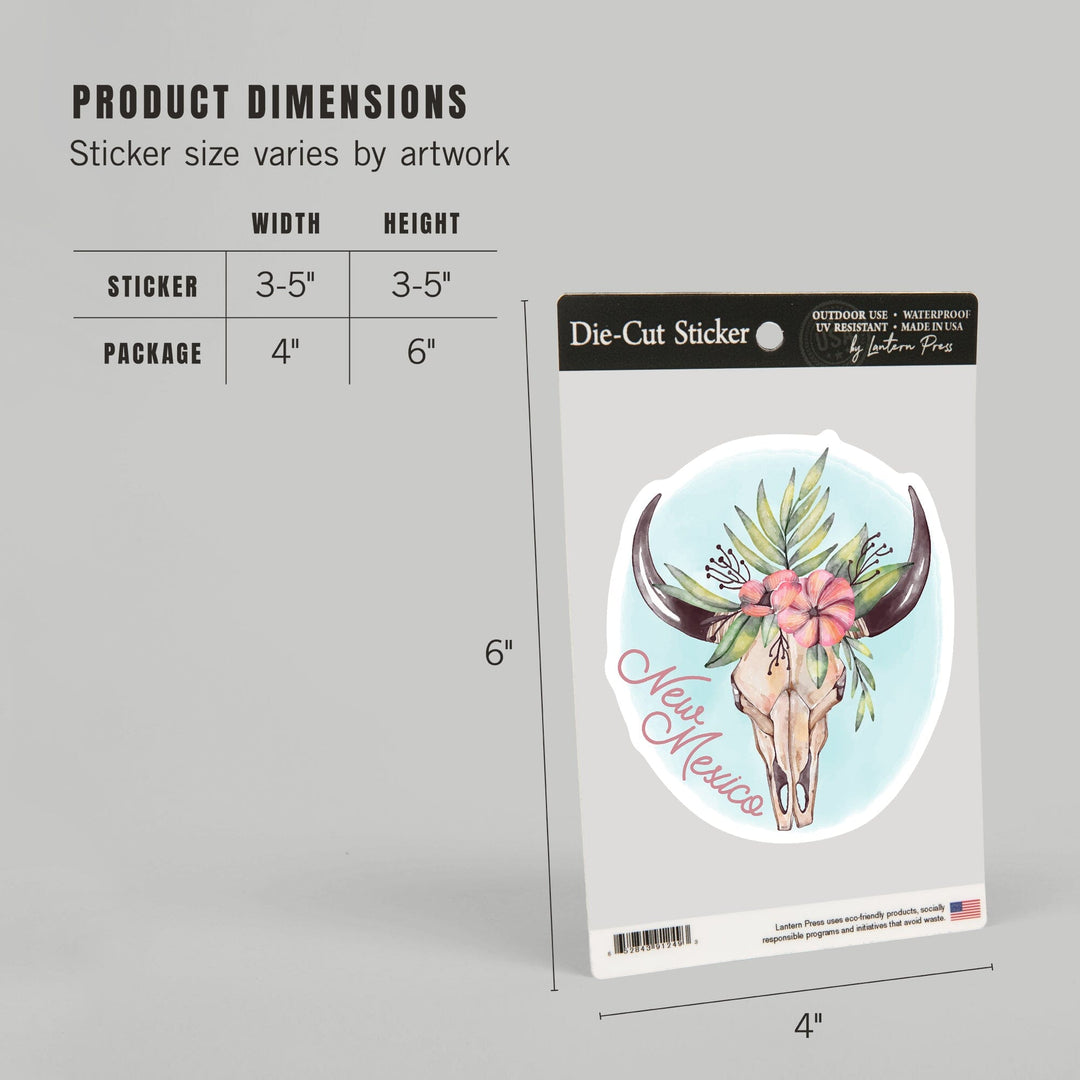 New Mexico, Watercolor, Cow Skull and Flower Crown, Contour, Vinyl Sticker Sticker Lantern Press 