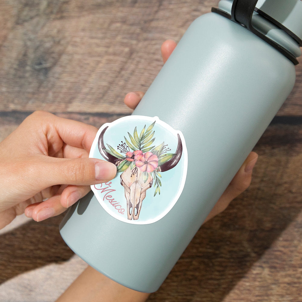 New Mexico, Watercolor, Cow Skull and Flower Crown, Contour, Vinyl Sticker Sticker Lantern Press 