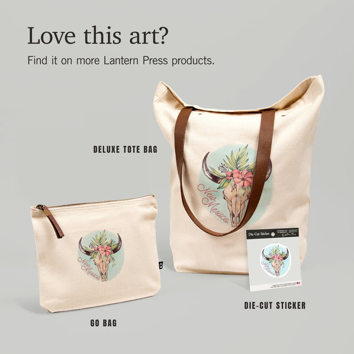 New Mexico, Watercolor, Cow Skull and Flower Crown, Contour, Vinyl Sticker Sticker Lantern Press 