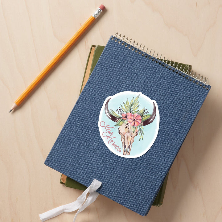 New Mexico, Watercolor, Cow Skull and Flower Crown, Contour, Vinyl Sticker Sticker Lantern Press 