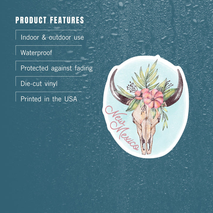 New Mexico, Watercolor, Cow Skull and Flower Crown, Contour, Vinyl Sticker Sticker Lantern Press 