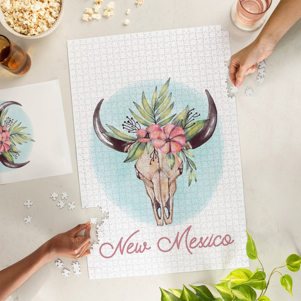 New Mexico, Watercolor, Cow Skull and Flower Crown Puzzle Lantern Press 