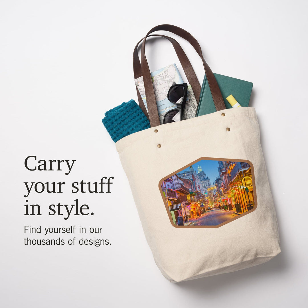 New Orleans, Louisiana, Bourbon Street at Night, Contour, Deluxe Tote Totes Lantern Press 
