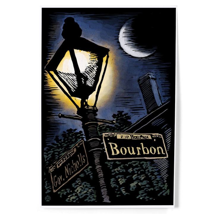 New Orleans, Louisiana, Bourbon Street Lamppost, Scratchboard, Art & Giclee Prints Art Lantern Press 