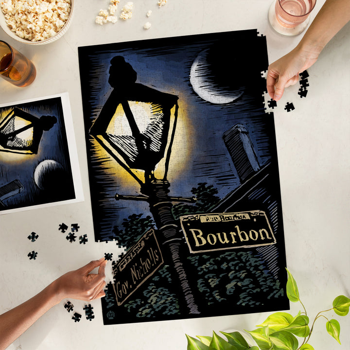 New Orleans, Louisiana, Bourbon Street Lamppost, Scratchboard, Jigsaw Puzzle Puzzle Lantern Press 
