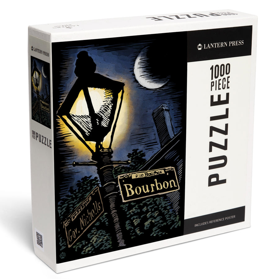 New Orleans, Louisiana, Bourbon Street Lamppost, Scratchboard, Jigsaw Puzzle Puzzle Lantern Press 
