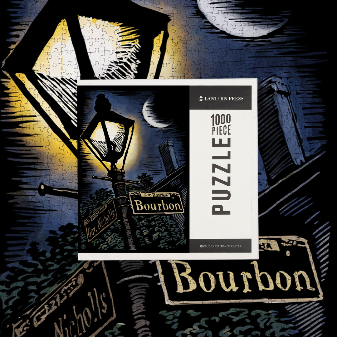New Orleans, Louisiana, Bourbon Street Lamppost, Scratchboard, Jigsaw Puzzle Puzzle Lantern Press 