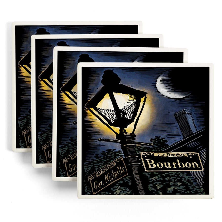 New Orleans, Louisiana, Bourbon Street Lamppost, Scratchboard, Lantern Press Artwork, Coaster Set Coasters Lantern Press 