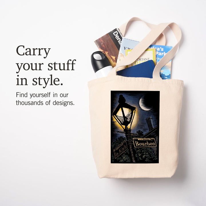 New Orleans, Louisiana, Bourbon Street Lamppost, Scratchboard, Tote Bag Totes Lantern Press 
