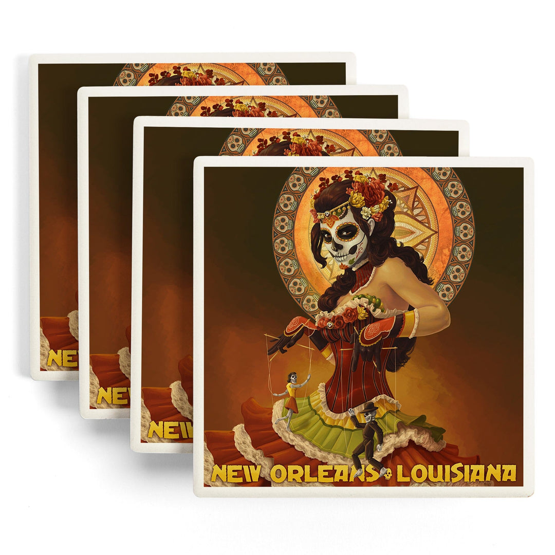 New Orleans, Louisiana, Dia De Los Muertos Marionettes, Day of the Dead, Lantern Press Artwork, Coaster Set Coasters Lantern Press 