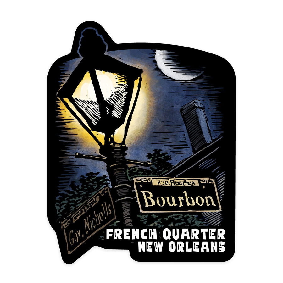 New Orleans, Louisiana, French Quarter, Bourbon Street, Scratchboard, Contour, Vinyl Sticker Sticker Lantern Press 