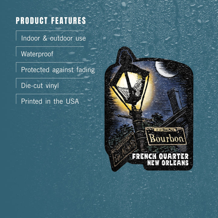 New Orleans, Louisiana, French Quarter, Bourbon Street, Scratchboard, Contour, Vinyl Sticker Sticker Lantern Press 