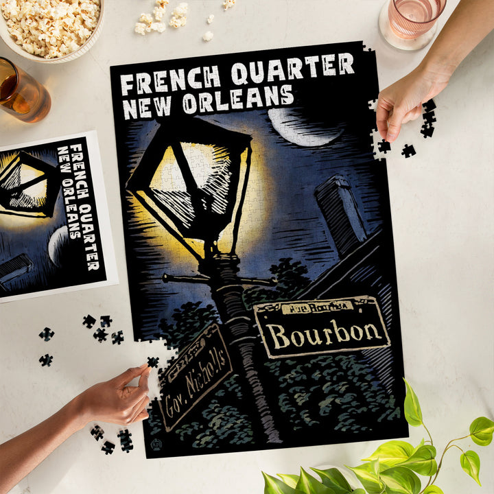 New Orleans, Louisiana, French Quarter, Bourbon Street, Scratchboard, Jigsaw Puzzle Puzzle Lantern Press 