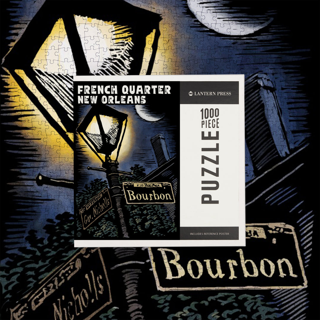 New Orleans, Louisiana, French Quarter, Bourbon Street, Scratchboard, Jigsaw Puzzle Puzzle Lantern Press 