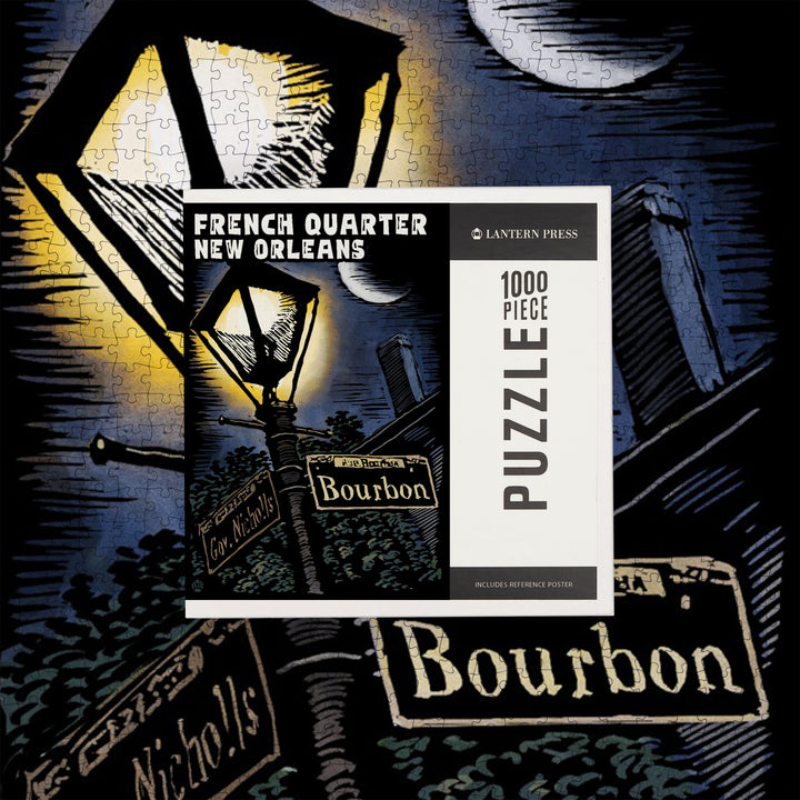 New Orleans, Louisiana, French Quarter, Bourbon Street, Scratchboard, Jigsaw Puzzle Puzzle Lantern Press 