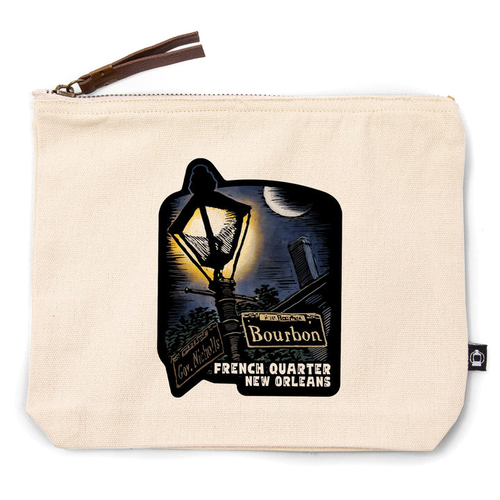 New Orleans, Louisiana, French Quarter, Bourbon Street, Scratchboard,, Organic Cotton Zipper Pouch, Go Bag Go Bag Lantern Press 