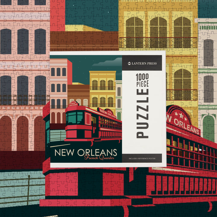 New Orleans, Louisiana, French Quarter, Buildings and Street Car, Vector, Jigsaw Puzzle Puzzle Lantern Press 