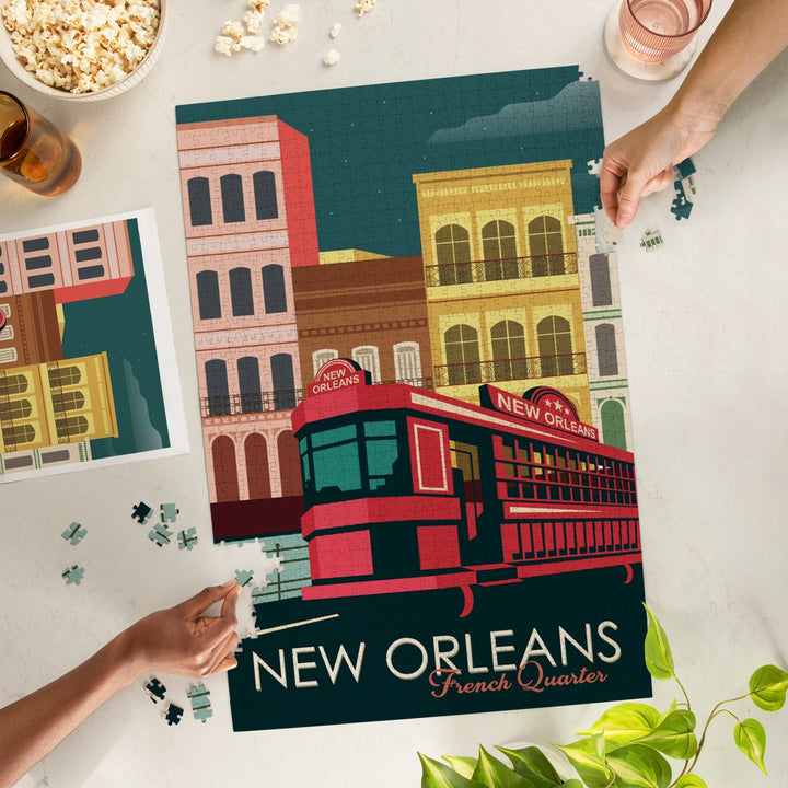 New Orleans, Louisiana, French Quarter, Buildings and Street Car, Vector, Jigsaw Puzzle Puzzle Lantern Press 