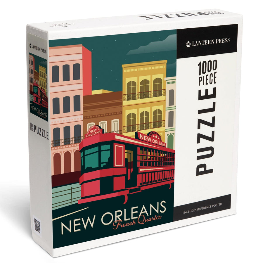 New Orleans, Louisiana, French Quarter, Buildings and Street Car, Vector, Jigsaw Puzzle Puzzle Lantern Press 
