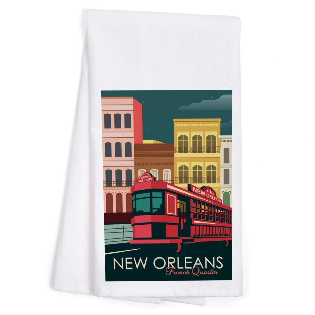 New Orleans, Louisiana, French Quarter, Buildings and Street Car, Vector, Organic Cotton Kitchen Tea Towels Kitchen Lantern Press 