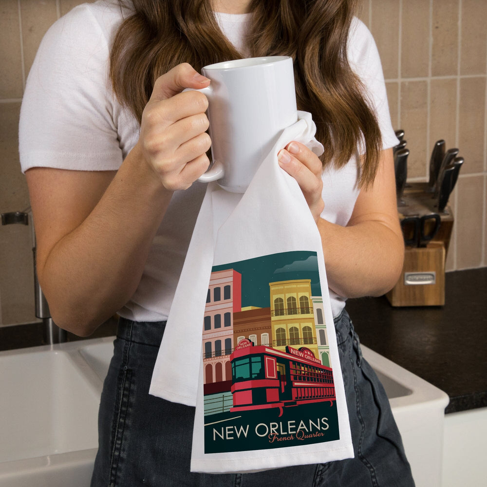 New Orleans, Louisiana, French Quarter, Buildings and Street Car, Vector, Organic Cotton Kitchen Tea Towels Kitchen Lantern Press 