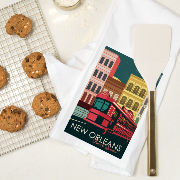 New Orleans, Louisiana, French Quarter, Buildings and Street Car, Vector, Organic Cotton Kitchen Tea Towels Kitchen Lantern Press 