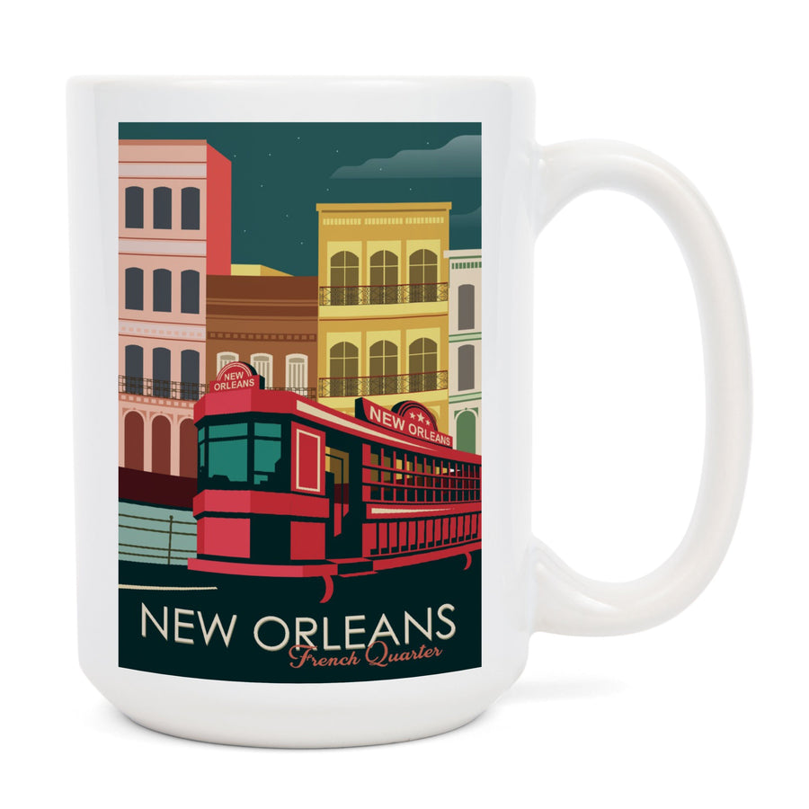 New Orleans, Louisiana, French Quarter, Buildings & Street Car, Vector, Lantern Press Artwork, Ceramic Mug Mugs Lantern Press 