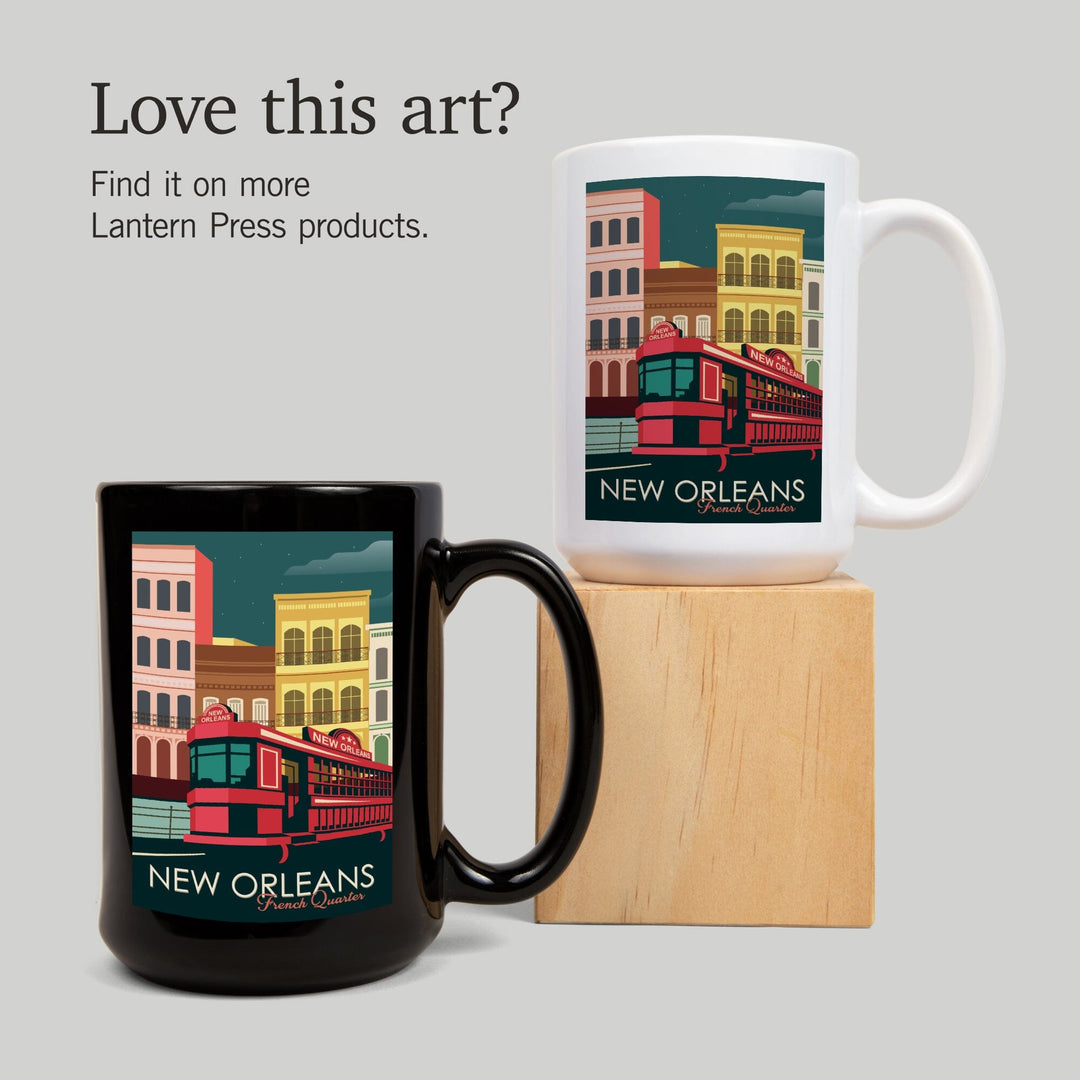 New Orleans, Louisiana, French Quarter, Buildings & Street Car, Vector, Lantern Press Artwork, Ceramic Mug Mugs Lantern Press 