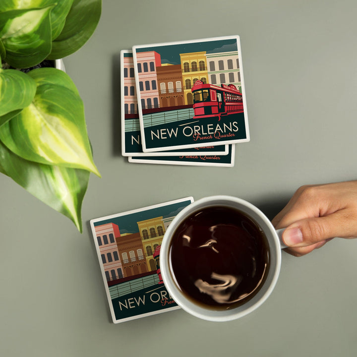 New Orleans, Louisiana, French Quarter, Buildings & Street Car, Vector, Lantern Press Artwork, Coaster Set Coasters Lantern Press 