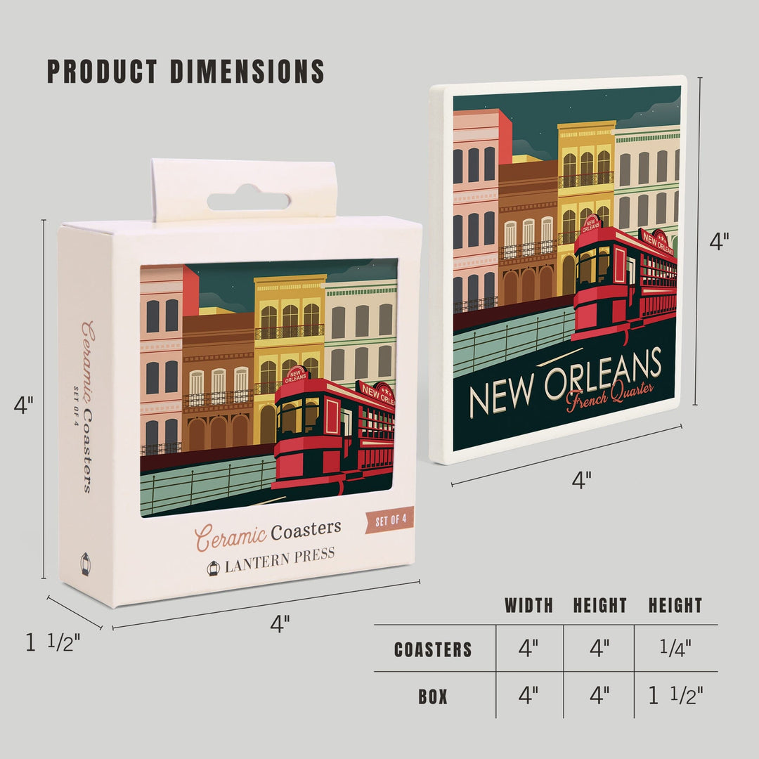 New Orleans, Louisiana, French Quarter, Buildings & Street Car, Vector, Lantern Press Artwork, Coaster Set Coasters Lantern Press 