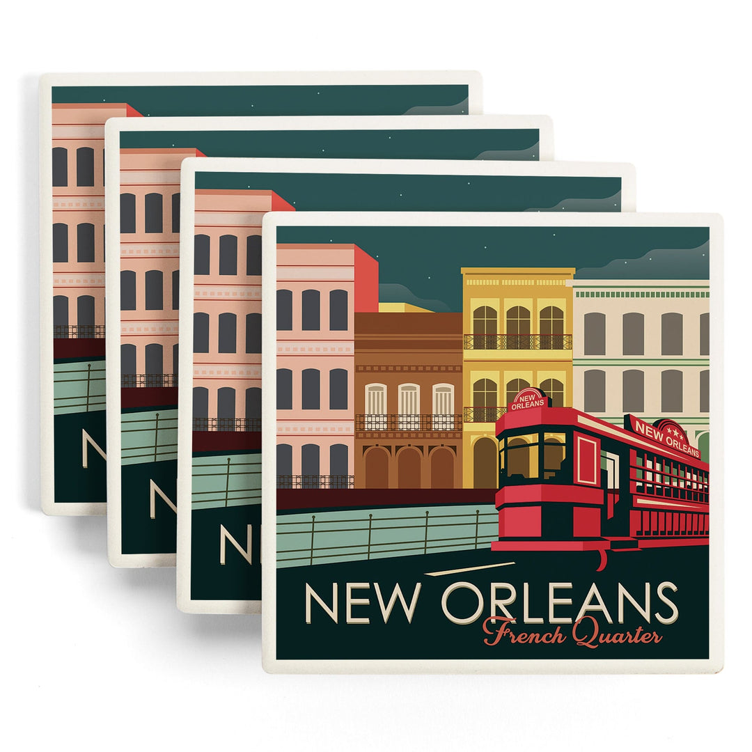 New Orleans, Louisiana, French Quarter, Buildings & Street Car, Vector, Lantern Press Artwork, Coaster Set Coasters Lantern Press 