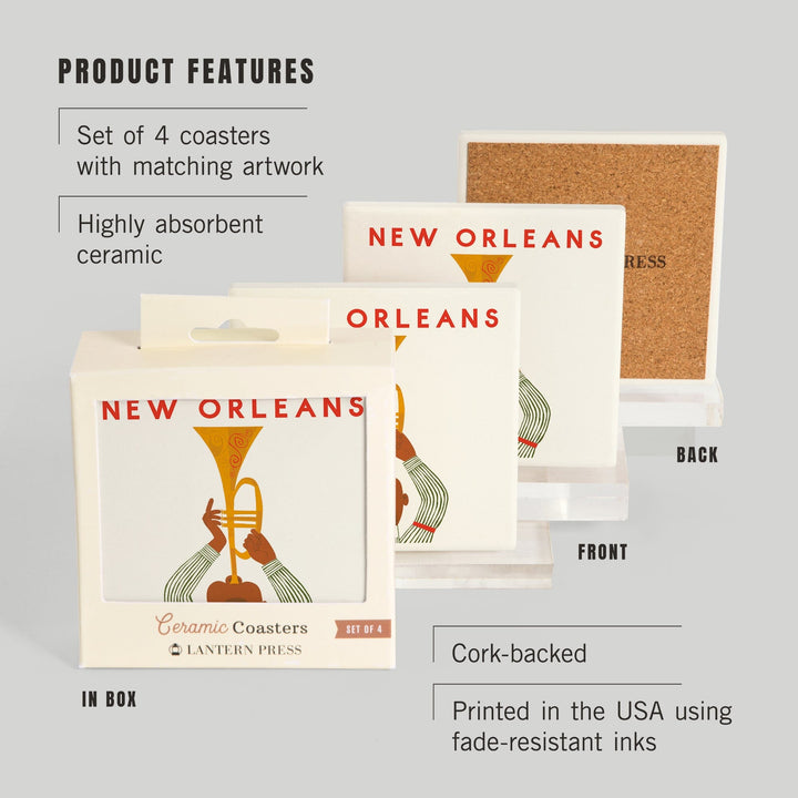 New Orleans, Louisiana, Horn Player, Lantern Press Artwork, Coaster Set Coasters Lantern Press 