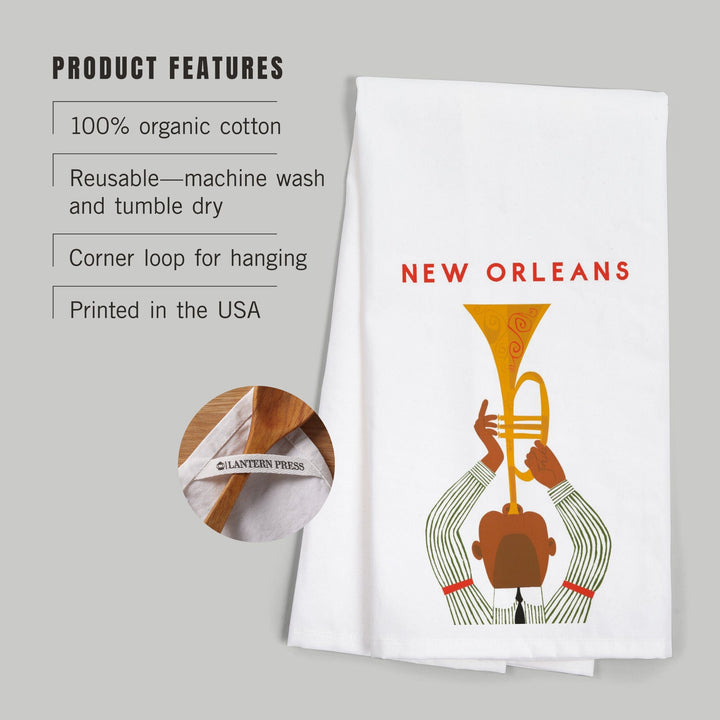 New Orleans, Louisiana, Horn Player, Organic Cotton Kitchen Tea Towels Kitchen Lantern Press 