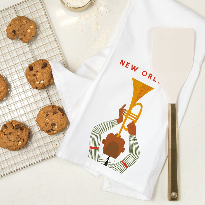 New Orleans, Louisiana, Horn Player, Organic Cotton Kitchen Tea Towels Kitchen Lantern Press 
