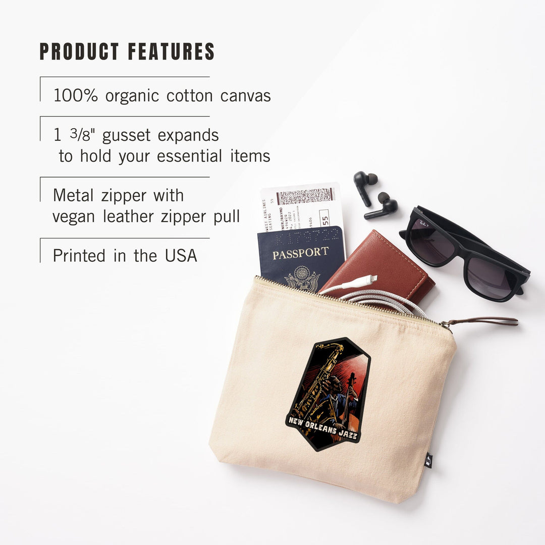 New Orleans, Louisiana, Jazz Band, Scratchboard,, Organic Cotton Zipper Pouch, Go Bag Go Bag Lantern Press 